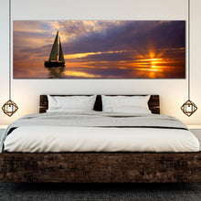 Load image into Gallery viewer, sunset  sailing  serenity  wall  art  blue  gold  ocean  panoramic  canvas  artwork  sailboat  seascape  canvas  print  for  bedroom
