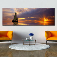 Load image into Gallery viewer, sunset  sailing  serenity  wall  art  blue  gold  ocean  panoramic  canvas  artwork  sailboat  seascape  canvas  print  for Living Room
