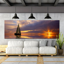 Load image into Gallery viewer, sunset  sailing  serenity  wall  art  blue  gold  ocean  panoramic  canvas  artwork  sailboat  seascape  canvas  print In Living Room
