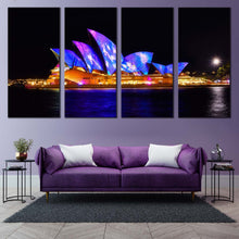 Load image into Gallery viewer, sydney nights wall art beautiful city skyline canvas print orange sydney opera house 4 piece multi canvas In Living Room
