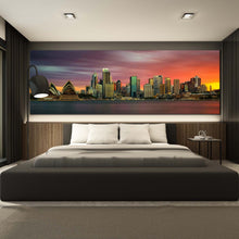 Load image into Gallery viewer, sydney  skyline  canvas  wall  art  green  cityscape  canvas  print  orange  sunset  panoramic  artwork  for  bedroom
