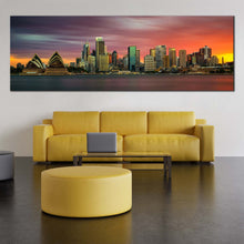 Load image into Gallery viewer, sydney  skyline  canvas  wall  art  green  cityscape  canvas  print  orange  sunset  panoramic  artwork In Living Room
