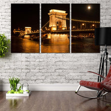 Load image into Gallery viewer, szechenyi chain bridge wall art black budapest hungary danube river gold city bridge 3 piece canvas print
