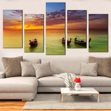 Load image into Gallery viewer, thailand orange sailboats sunset vista canvas wall art green seascape 5 piece canvas print for Your Living Room
