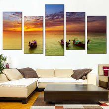 Load image into Gallery viewer, thailand orange sailboats sunset vista canvas wall art green seascape 5 piece canvas print In Living Room
