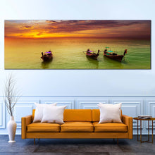 Load image into Gallery viewer, thailand  serenity  canvas  wall  art  green  sea  boats  tropical  night  beach  panoramic  canvas  print In Living Room
