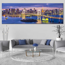 Load image into Gallery viewer, tokyo  bay  canvas  print  beautiful  yellow  rainbow  bridge  japan  evening  blue  cityscape  skyline  1  piece  wall  art In Living Room
