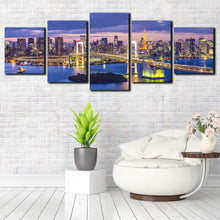 Load image into Gallery viewer, tokyo bay skyline canvas wall art rainbow yellow city bridge 5 piece japan evening blue cityscape canvas print for Living room
