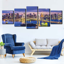 Load image into Gallery viewer, tokyo bay skyline canvas wall art rainbow yellow city bridge 5 piece japan evening blue cityscape canvas print In Living Room
