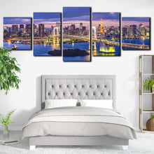 Load image into Gallery viewer, tokyo bay skyline canvas wall art rainbow yellow city bridge 5 piece japan evening blue cityscape canvas print for your Bedroom
