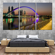 Load image into Gallery viewer, tolerance bridge canvas print iconic 3 piece canvas with blue dubai bridge reflection over grey sky wall art for Bedroom
