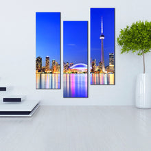 Load image into Gallery viewer, toronto  dreams  wall  art  blue  lake  ontario  triptych  canvas  print  canada  yellow  city  lights  3  piece  canvas  set
