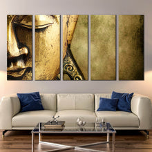 Load image into Gallery viewer, tranquil buddha face close up canvas print mind and soul canvas set peaceful yellow buddha 5 piece wall art for Living room
