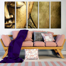 Load image into Gallery viewer, tranquil buddha face close up canvas print mind and soul canvas set peaceful yellow buddha 5 piece wall art In Living room
