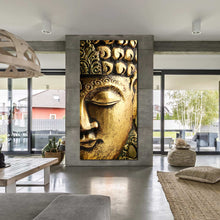 Load image into Gallery viewer, tranquil  buddha  meditation  canvas  print  mind  and  soul  wall  art  yellow  buddha  vertical  statue  close  up  artwork In Living Room
