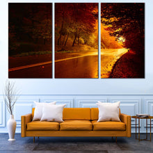 Load image into Gallery viewer, tranquil nature walk canvas wall art beautiful yellow forest nature triptych canvas print for your Living room
