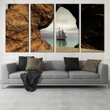 Load image into Gallery viewer, tranquil sailing canvas print grey foggy sky landscape beach sand sea cave 4 piece canvas wall art In Living Room
