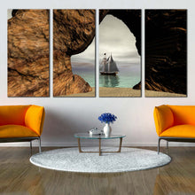 Load image into Gallery viewer, tranquil sailing canvas print grey foggy sky landscape beach sand sea cave 4 piece canvas wall art for Your Living Room
