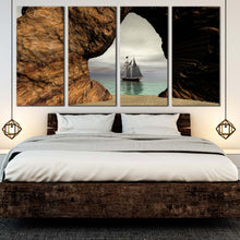 Load image into Gallery viewer, tranquil sailing canvas print grey foggy sky landscape beach sand sea cave 4 piece canvas wall art for your Bedroom
