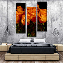 Load image into Gallery viewer, trilogy  of  orange  roses  canvas  wall  art  beautiful  rose  bunch  on  noir  background  with  triptych  design  canvas  print  for  bedroom
