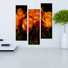 Load image into Gallery viewer, trilogy  of  orange  roses  canvas  wall  art  rose  bunch  on  noir  background  with  triptych  design  canvas  print  for  living  room
