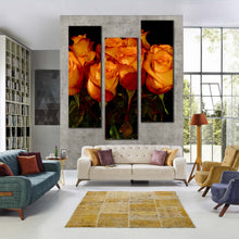 Load image into Gallery viewer, trilogy  of  orange  roses  canvas  wall  art  rose  bunch  on  noir  background  with  triptych  design  canvas  print In Living Room
