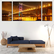 Load image into Gallery viewer, tsing  bridge  wall  art  hong  kong  purple  city  bridge  3  piece  canvas  set  yellow  city  light  triptych  canvas  print In Living Room
