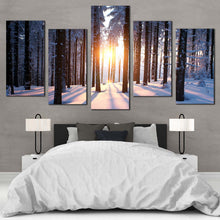 Load image into Gallery viewer, twilight tranquility trees sunset canvas art winter forest ambiance 5 panels For Bedroom
