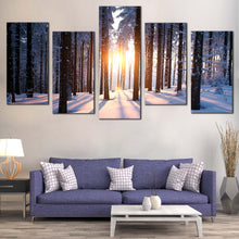 Load image into Gallery viewer, twilight tranquility trees sunset canvas art winter forest ambiance 5 panels In Living Room
