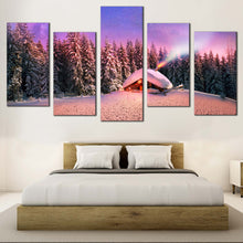 Load image into Gallery viewer, ukraine mountain magic wall art purple snow capped forest in 5 panels with cabins under starry skies canvas for Bedroom
