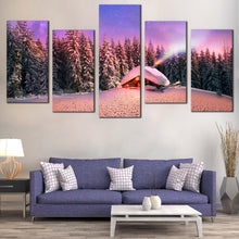 Load image into Gallery viewer, ukraine mountain magic wall art purple snow capped forest in 5 panels with cabins under starry skies canvas for Your Living Room
