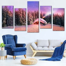 Load image into Gallery viewer, ukraine mountain magic wall art purple snow capped forest in 5 panels with cabins under starry skies canvas In Living Room
