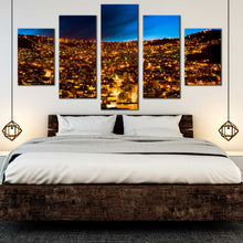 Load image into Gallery viewer, urban nights canvas print blue sky city mountains 5 piece canvas set gold city lights bolivia wall art for Bedroom
