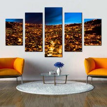 Load image into Gallery viewer, urban nights canvas print blue sky city mountains 5 piece canvas set gold city lights bolivia wall art In Living room
