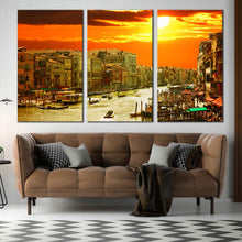 Load image into Gallery viewer, venice orange sunset gondola ride triptych canvas print grand canal view canvas wall art In Living Room
