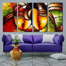 Load image into Gallery viewer, vibrant pattern wall art green red abstract 4 piece canvas print human abstract face multi canvas In Living Room
