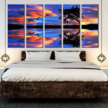 Load image into Gallery viewer, vibrant sky birds orange sky over blue lake 5 piece canvas wall art serene sunset lake reflection canvas print for Bedroom
