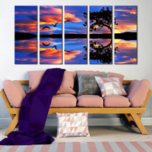 Load image into Gallery viewer, vibrant sky birds over blue lake 5 piece canvas wall art serene sunset lake reflection canvas print In Living Room
