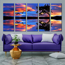 Load image into Gallery viewer, vibrant sky birds over blue lake 5 piece canvas wall art serene sunset lake reflection canvas print for Living room
