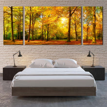 Load image into Gallery viewer, vivid  autumn  forest  triptych  canvas  wall  art  green  trees  orange  fields  and  yellow  sun  casting  canvas  print  for  bedroom
