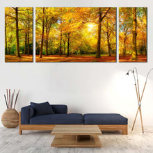 Load image into Gallery viewer, vivid  autumn  forest  wall  art  green  trees  orange  fields  and  yellow  sun  casting  canvas  print  for  living  room
