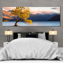 Load image into Gallery viewer, wanaka  new  zealand  wall  art  blue  mountains  lake  panoramic  canvas  artwork  yellow  alone  tree  at  dawn  canvas  print  for  bedroom
