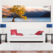 Load image into Gallery viewer, wanaka  new  zealand  wall  art  blue  mountains  lake  panoramic  canvas  artwork  yellow  alone  tree  at  dawn  canvas  print  for Living Room
