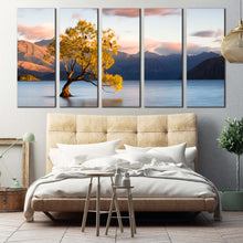 Load image into Gallery viewer, wanaka new zealand wall art yellow alone tree at dawn 5 piece canvas set beautiful blue mountains lake canvas print for Bedroom
