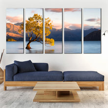 Load image into Gallery viewer, wanaka new zealand wall art yellow alone tree at dawn 5 piece canvas set beautiful blue mountains lake canvas print for Living room
