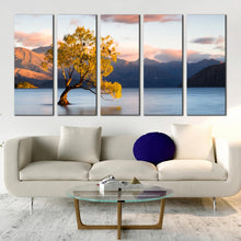 Load image into Gallery viewer, wanaka new zealand wall art yellow alone tree at dawn 5 piece canvas set beautiful blue mountains lake canvas print In Living Room
