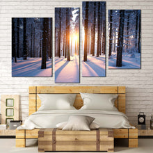 Load image into Gallery viewer, winter sunset elegance white snowy forest canvas print 4 panels radiant yellow sunset  For Bedroom
