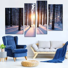 Load image into Gallery viewer, winter sunset elegance white snowy forest canvas print 4 panels radiant yellow sunset For Living Room
