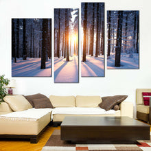 Load image into Gallery viewer, winter sunset elegance white snowy forest canvas print 4 panels radiant yellow sunset In Living Room
