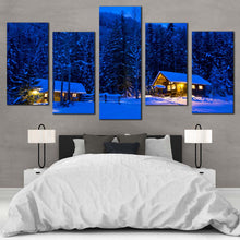 Load image into Gallery viewer, winter s canvas blue nighttime trees in 5 panels with yellow cabin lights and snowy forest canvas wall art for Bedroom
